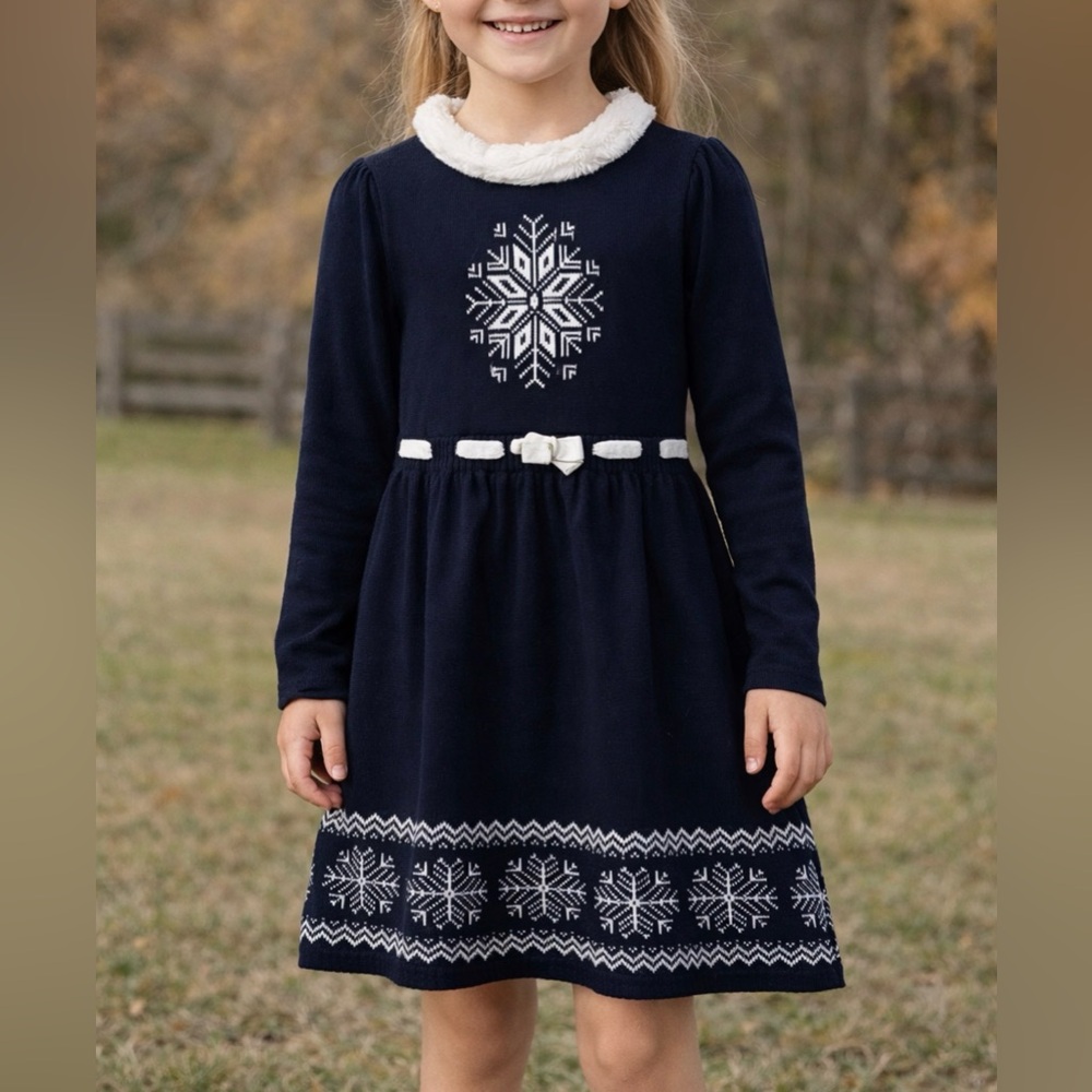 Gymboree Girls Navy Snowflake Knit Dress Long Sleeve Winter Size 8